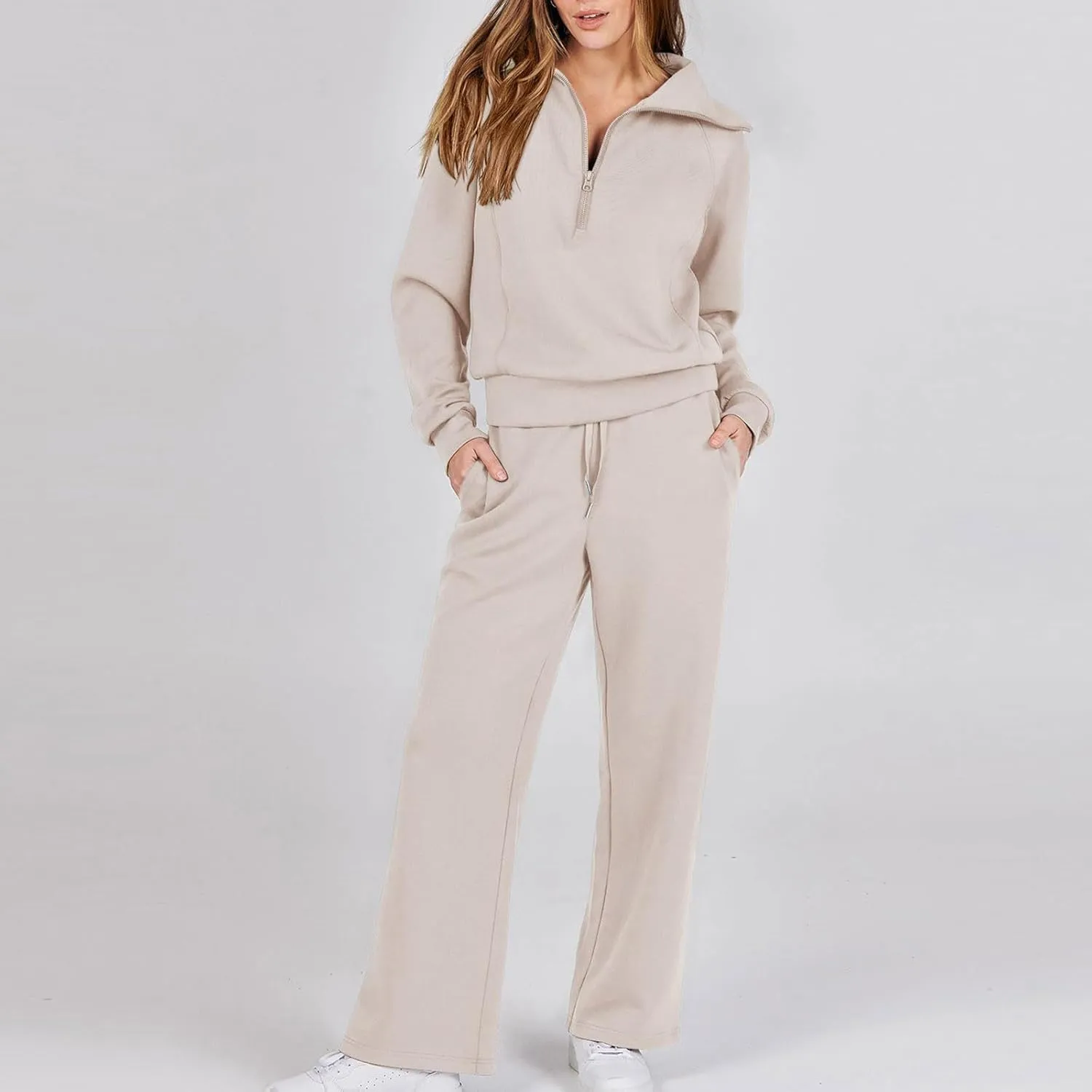 Lastesso Two Piece Loungewear Sets for Women 1/4 Zip Neck Loose Long Sleeve Sweatshirts Wid Leg Pants Trendy Sweatsuits Sets