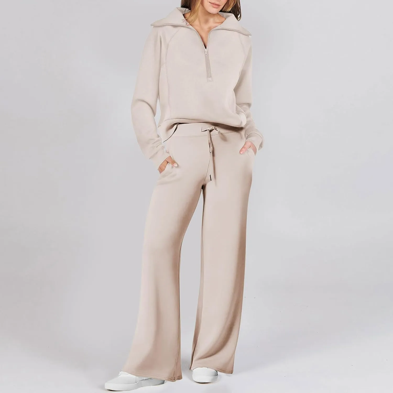 Lastesso Two Piece Loungewear Sets for Women 1/4 Zip Neck Loose Long Sleeve Sweatshirts Wid Leg Pants Trendy Sweatsuits Sets