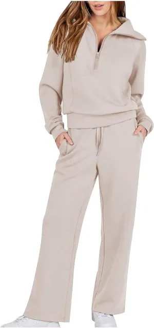 Lastesso Two Piece Loungewear Sets for Women 1/4 Zip Neck Loose Long Sleeve Sweatshirts Wid Leg Pants Trendy Sweatsuits Sets