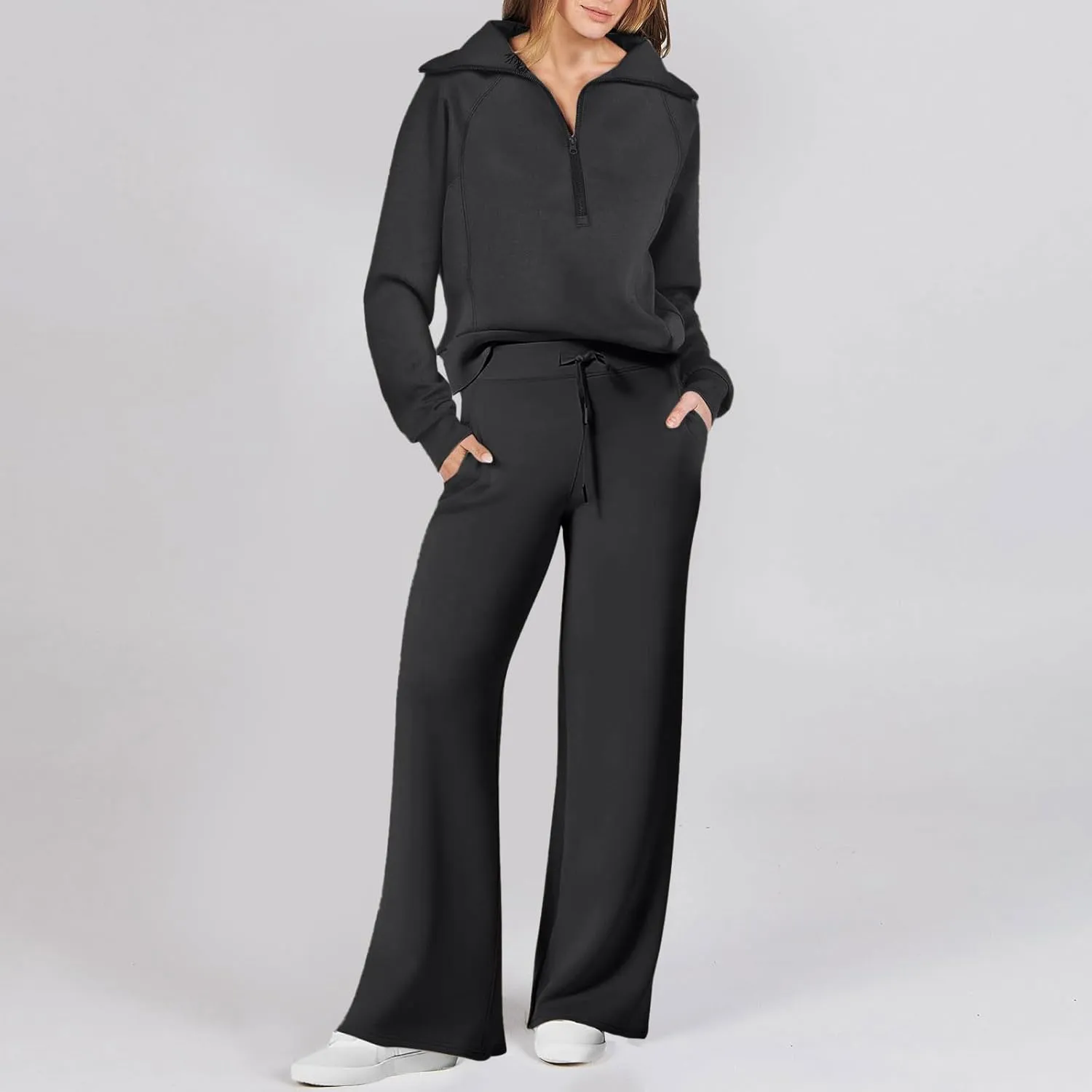 Lastesso Two Piece Loungewear Sets for Women 1/4 Zip Neck Loose Long Sleeve Sweatshirts Wid Leg Pants Trendy Sweatsuits Sets
