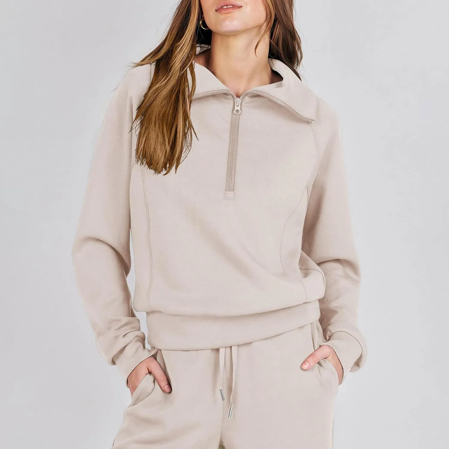 Lastesso Two Piece Loungewear Sets for Women 1/4 Zip Neck Loose Long Sleeve Sweatshirts Wid Leg Pants Trendy Sweatsuits Sets