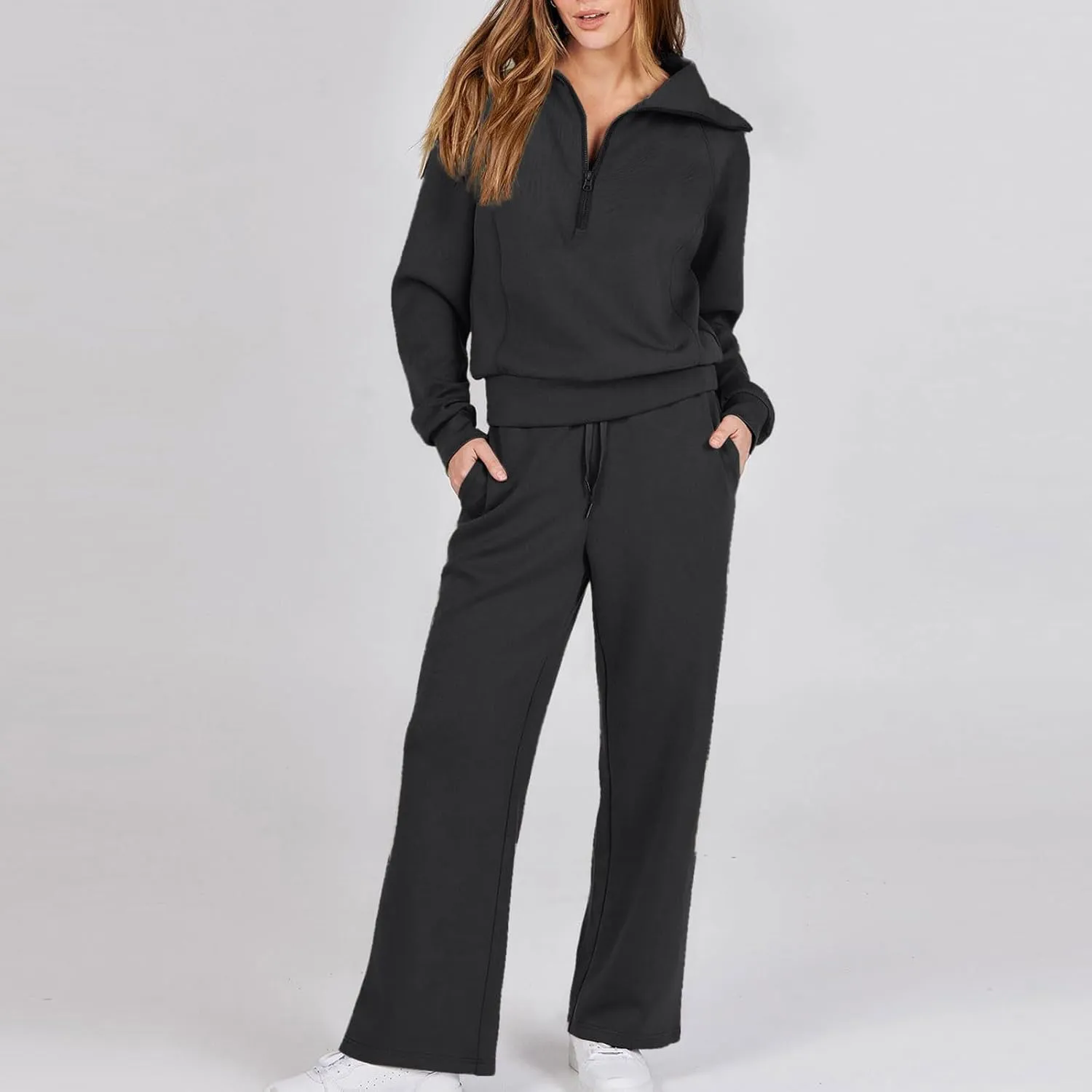 Lastesso Two Piece Loungewear Sets for Women 1/4 Zip Neck Loose Long Sleeve Sweatshirts Wid Leg Pants Trendy Sweatsuits Sets