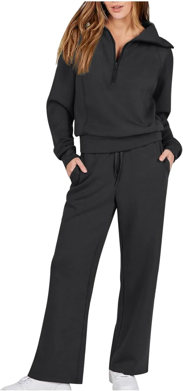 Lastesso Two Piece Loungewear Sets for Women 1/4 Zip Neck Loose Long Sleeve Sweatshirts Wid Leg Pants Trendy Sweatsuits Sets