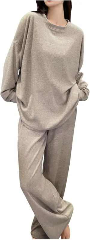Lastesso Womens Loungewear Set Oversized Long Sleeve Wid Leg Homewear Casual Sleepwear Soft Tracksuit Pajama Suits