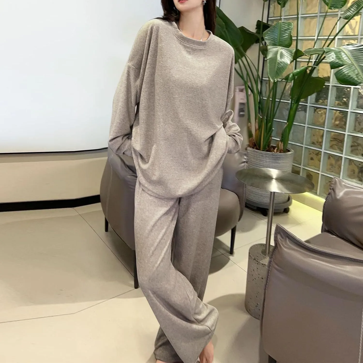 Lastesso Womens Loungewear Set Oversized Long Sleeve Wid Leg Homewear Casual Sleepwear Soft Tracksuit Pajama Suits