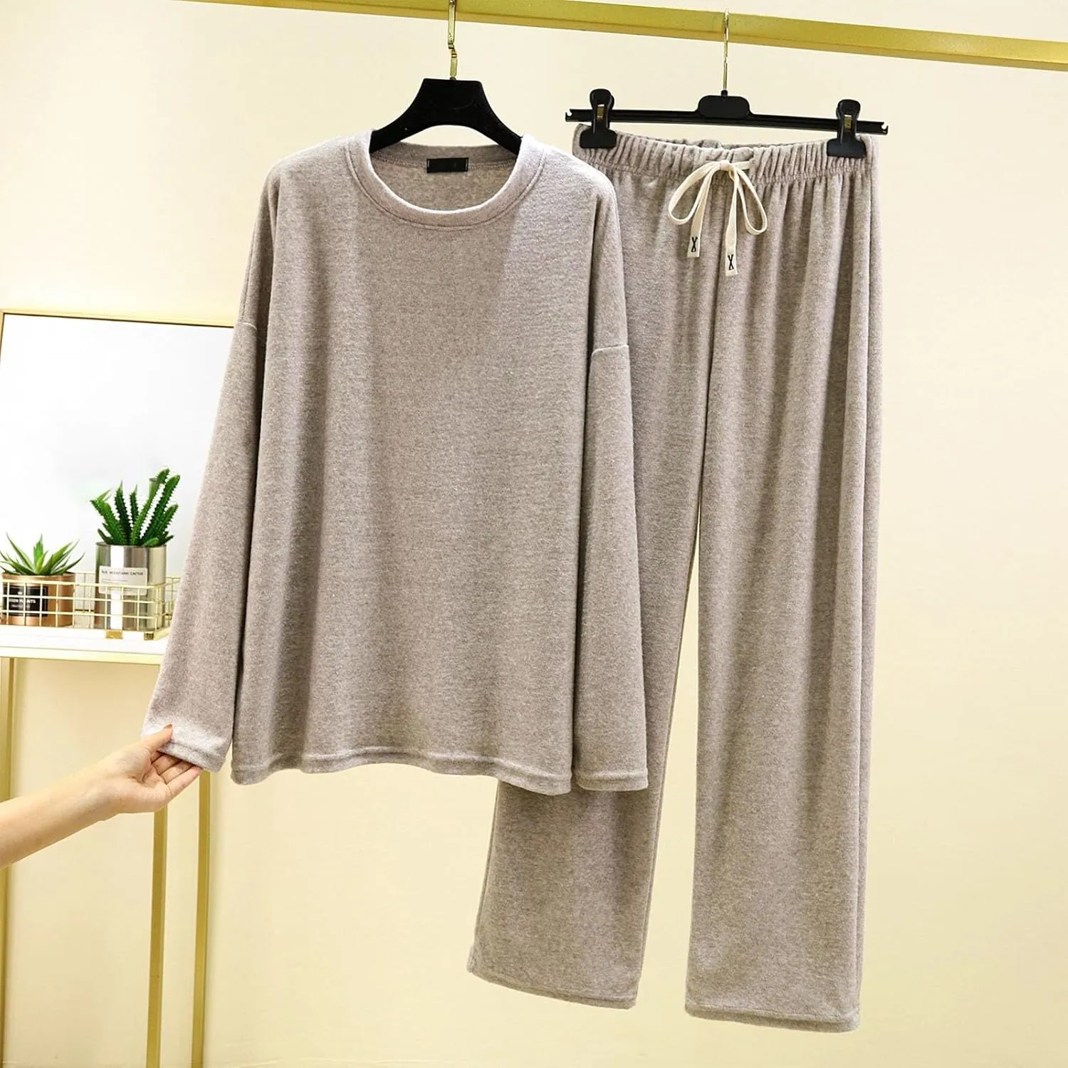 Lastesso Womens Loungewear Set Oversized Long Sleeve Wid Leg Homewear Casual Sleepwear Soft Tracksuit Pajama Suits