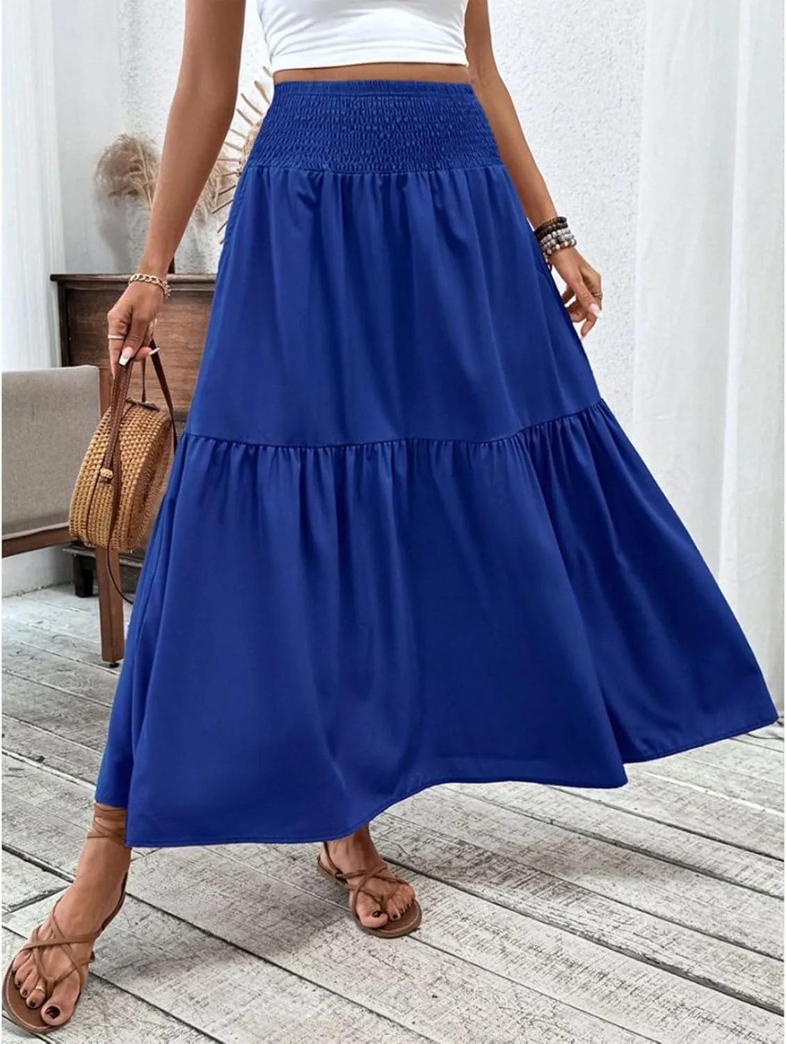 Long Flowy Skirts for Women Smocked High Waisted Floral Maxi Skirt with Pockets Boho Ruffle Tiered Beach A Line Skirt