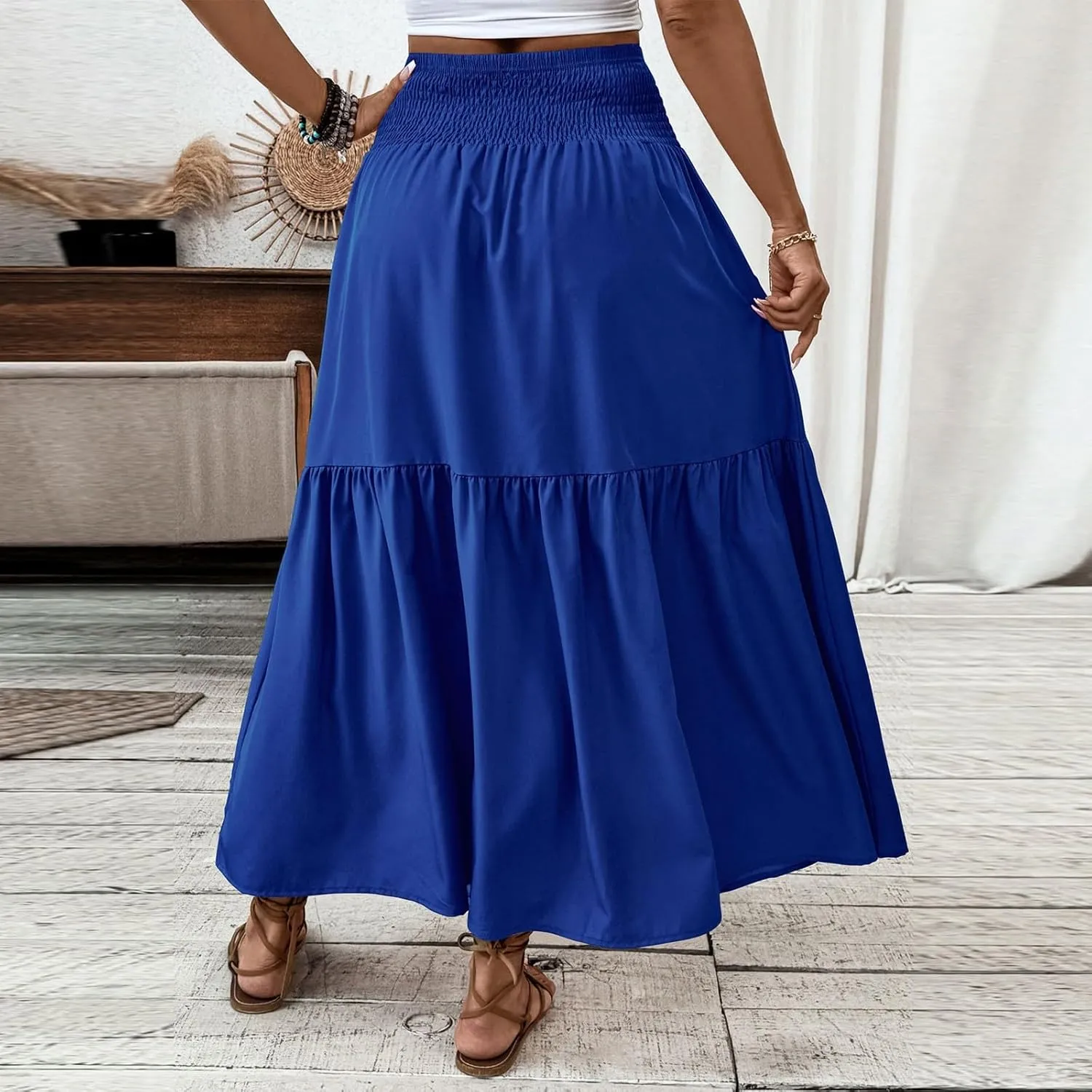 Long Flowy Skirts for Women Smocked High Waisted Floral Maxi Skirt with Pockets Boho Ruffle Tiered Beach A Line Skirt