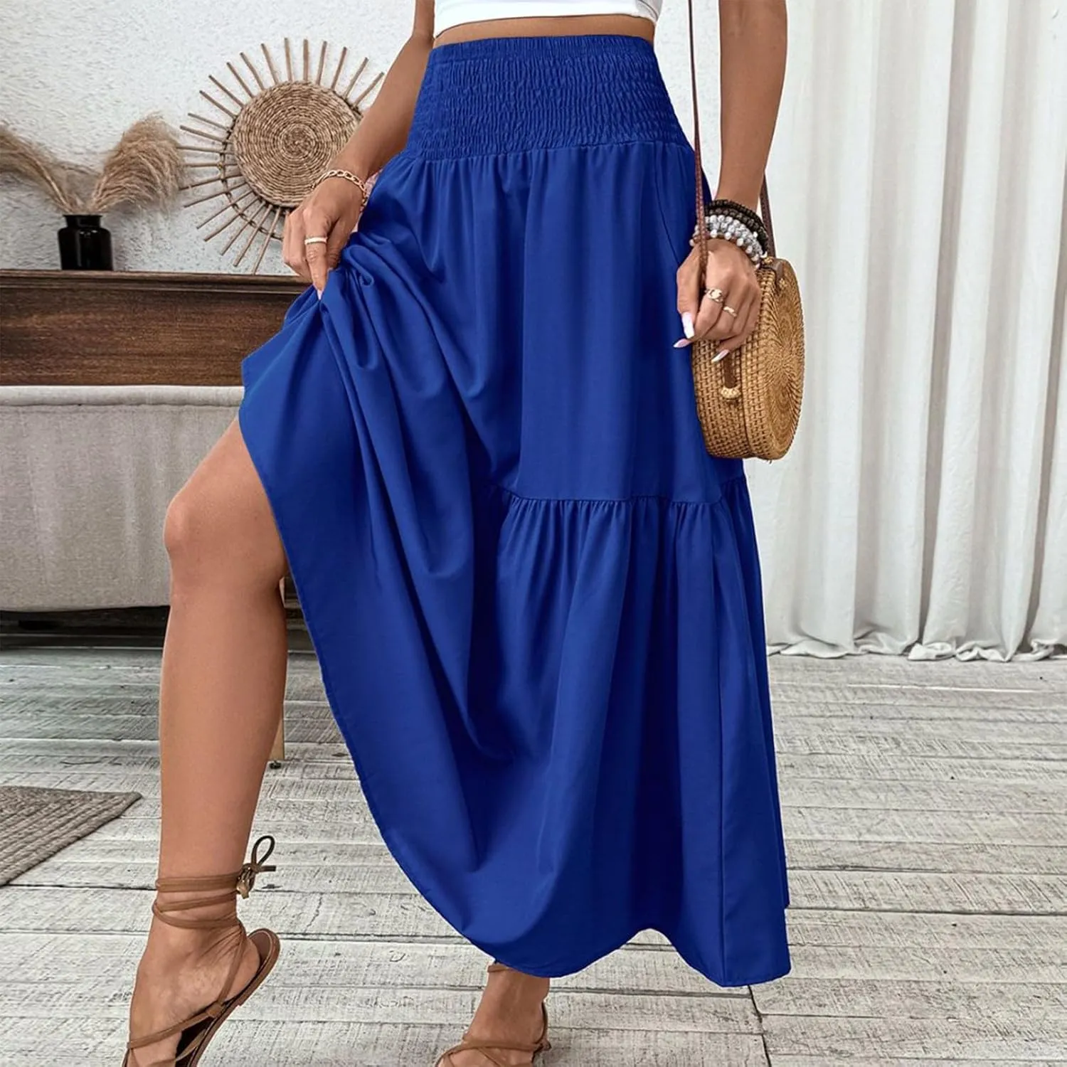 Long Flowy Skirts for Women Smocked High Waisted Floral Maxi Skirt with Pockets Boho Ruffle Tiered Beach A Line Skirt
