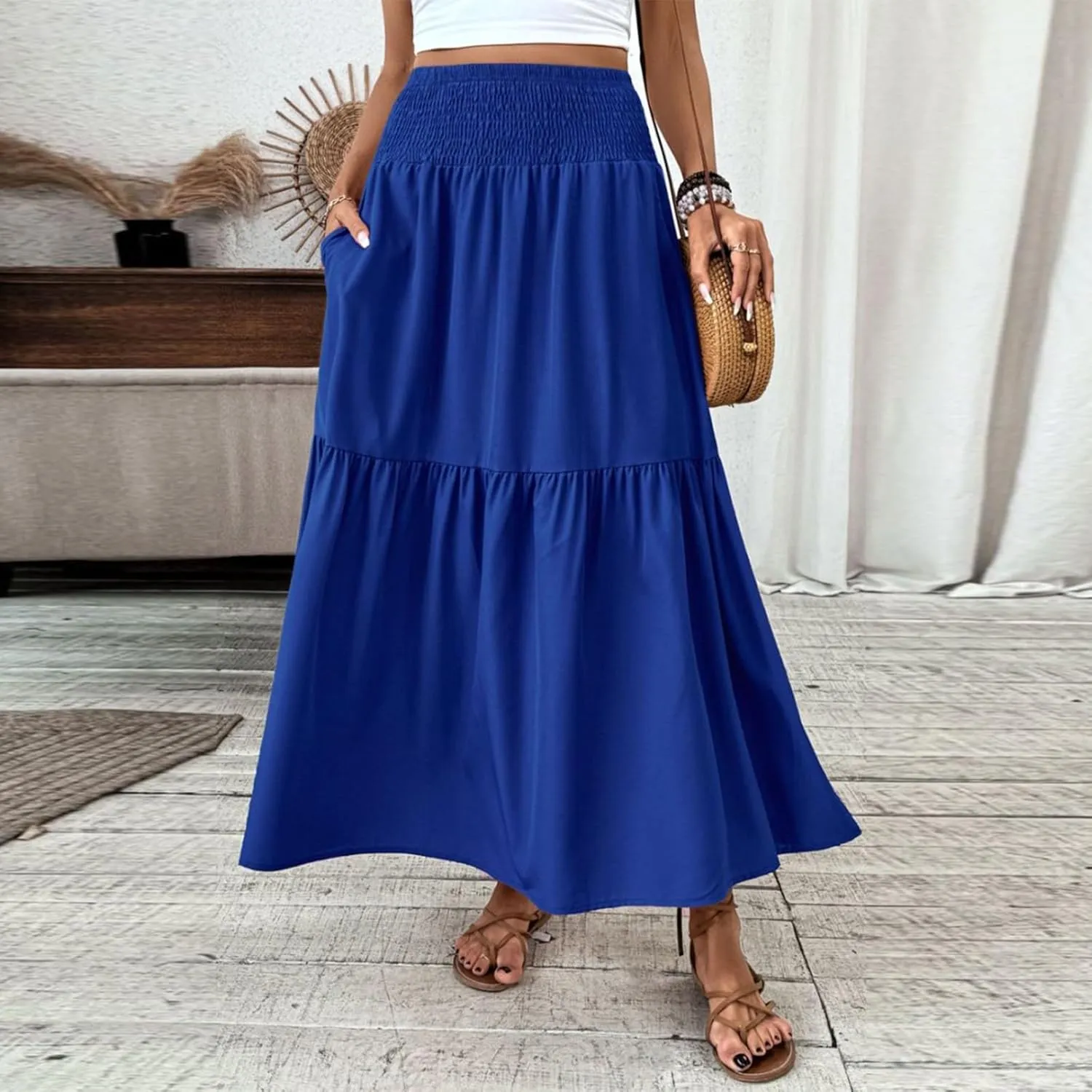 Long Flowy Skirts for Women Smocked High Waisted Floral Maxi Skirt with Pockets Boho Ruffle Tiered Beach A Line Skirt