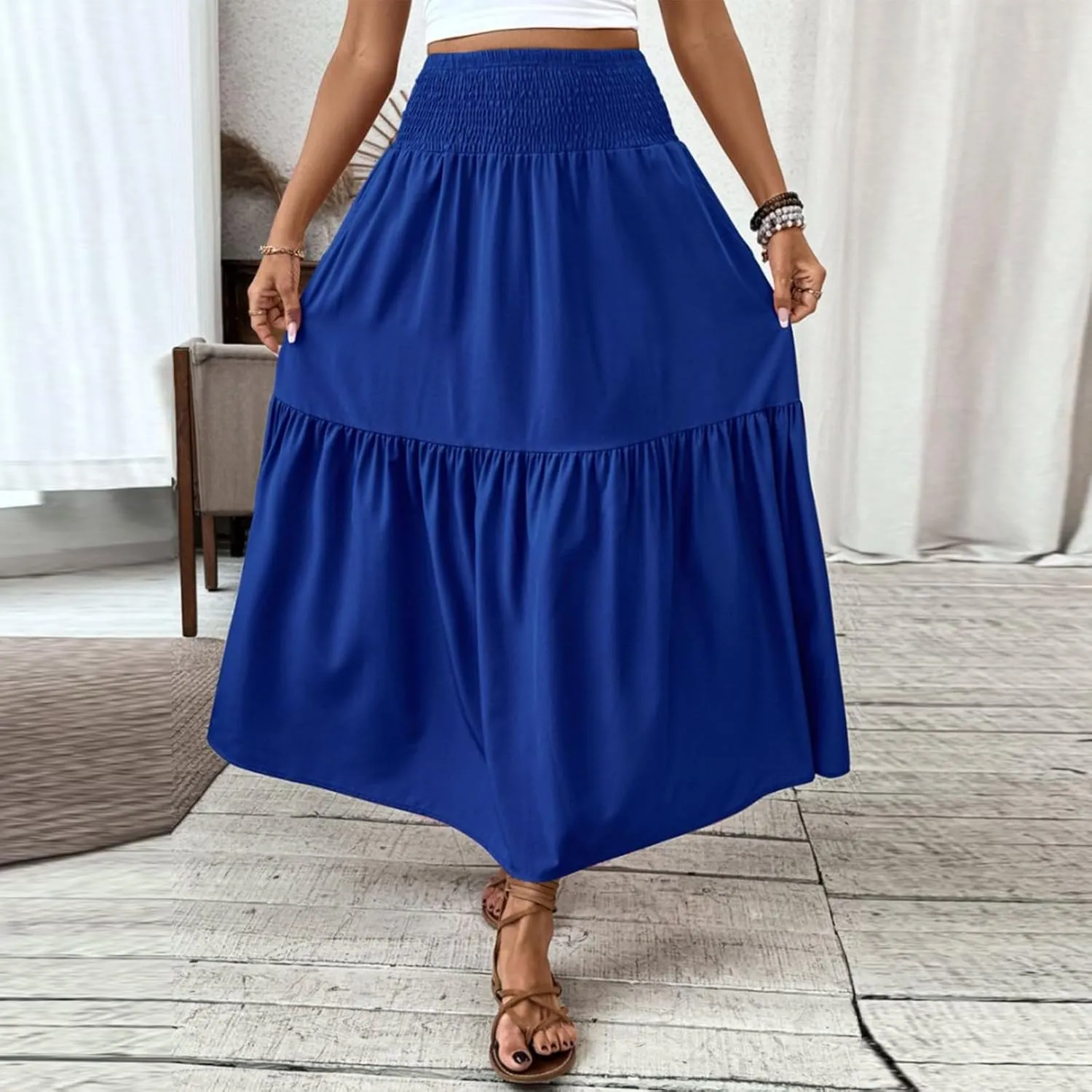 Long Flowy Skirts for Women Smocked High Waisted Floral Maxi Skirt with Pockets Boho Ruffle Tiered Beach A Line Skirt