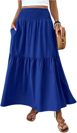 Long Flowy Skirts for Women Smocked High Waisted Floral Maxi Skirt with Pockets Boho Ruffle Tiered Beach A Line Skirt