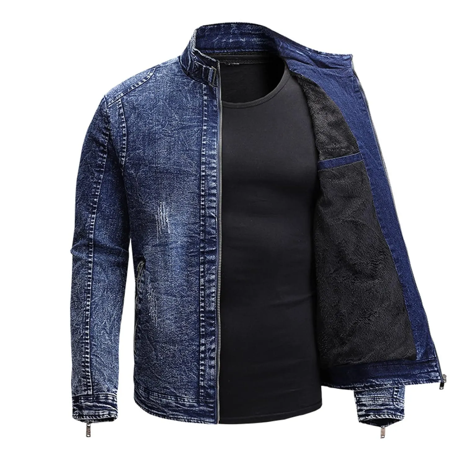 Maiyifu-GJ Men's Fleece Lined Denim Jacket Winter Stand Collar Distressed Jean Jacket Slim Fit Zipper Warm Moto Trucker Coat (Blue,XX-Large)