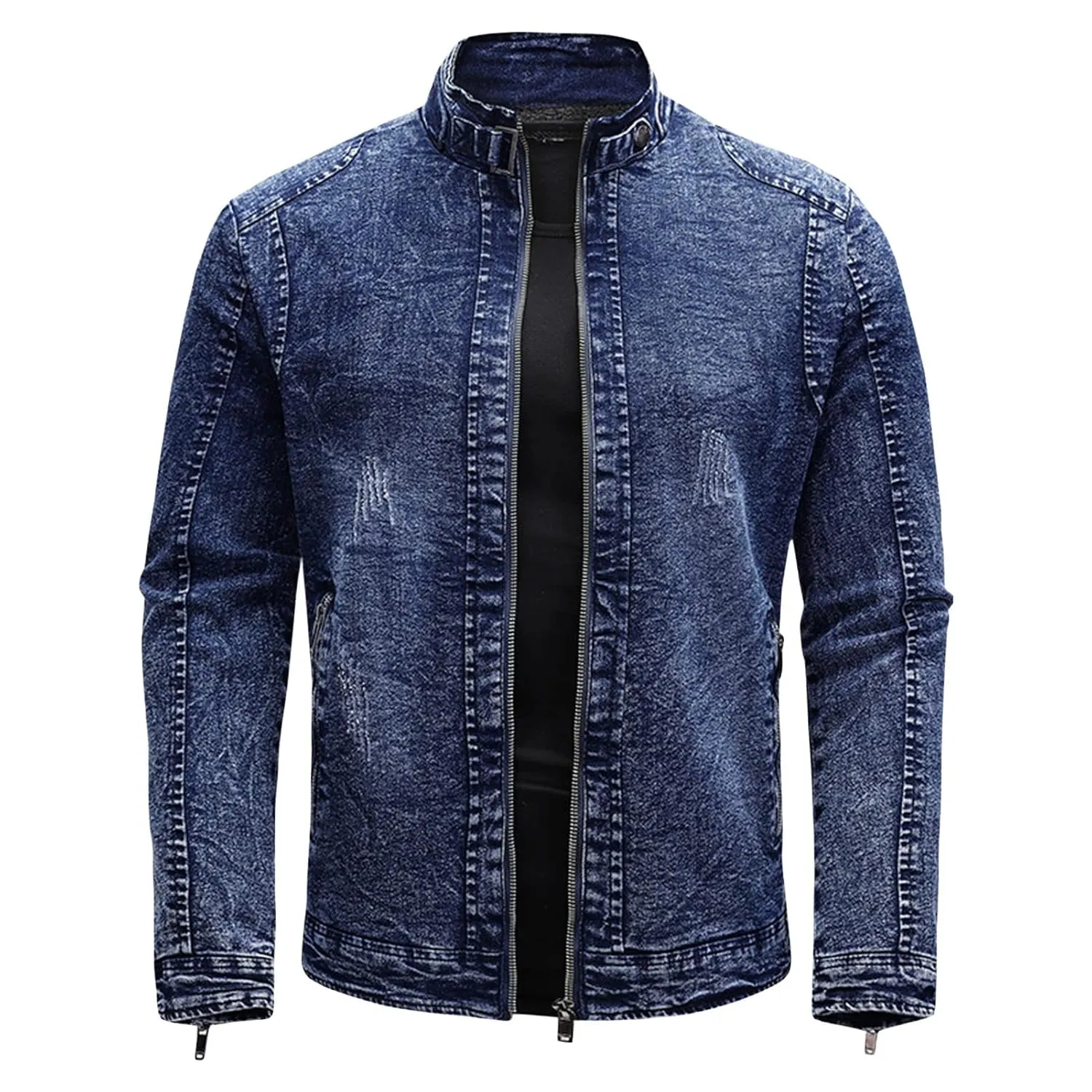 Maiyifu-GJ Men's Fleece Lined Denim Jacket Winter Stand Collar Distressed Jean Jacket Slim Fit Zipper Warm Moto Trucker Coat (Blue,XX-Large)