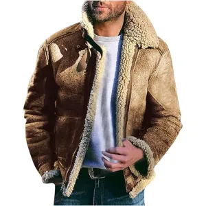 Maiyifu-GJ Men's Retro Sherpa Fleece Lined Jacket Distressed Full-Zip Winter Warm Coat Faux Pu Leather Lapel Trucker Jacket (KakiA1,X-Large)