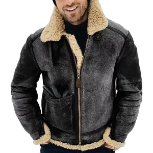 Maiyifu-GJ Men's Retro Sherpa Fleece Lined Jacket Faux Pu Leather Lapel Trucker Jacket Distressed Full-Zip Winter Warm Coat (Black,X-Large)