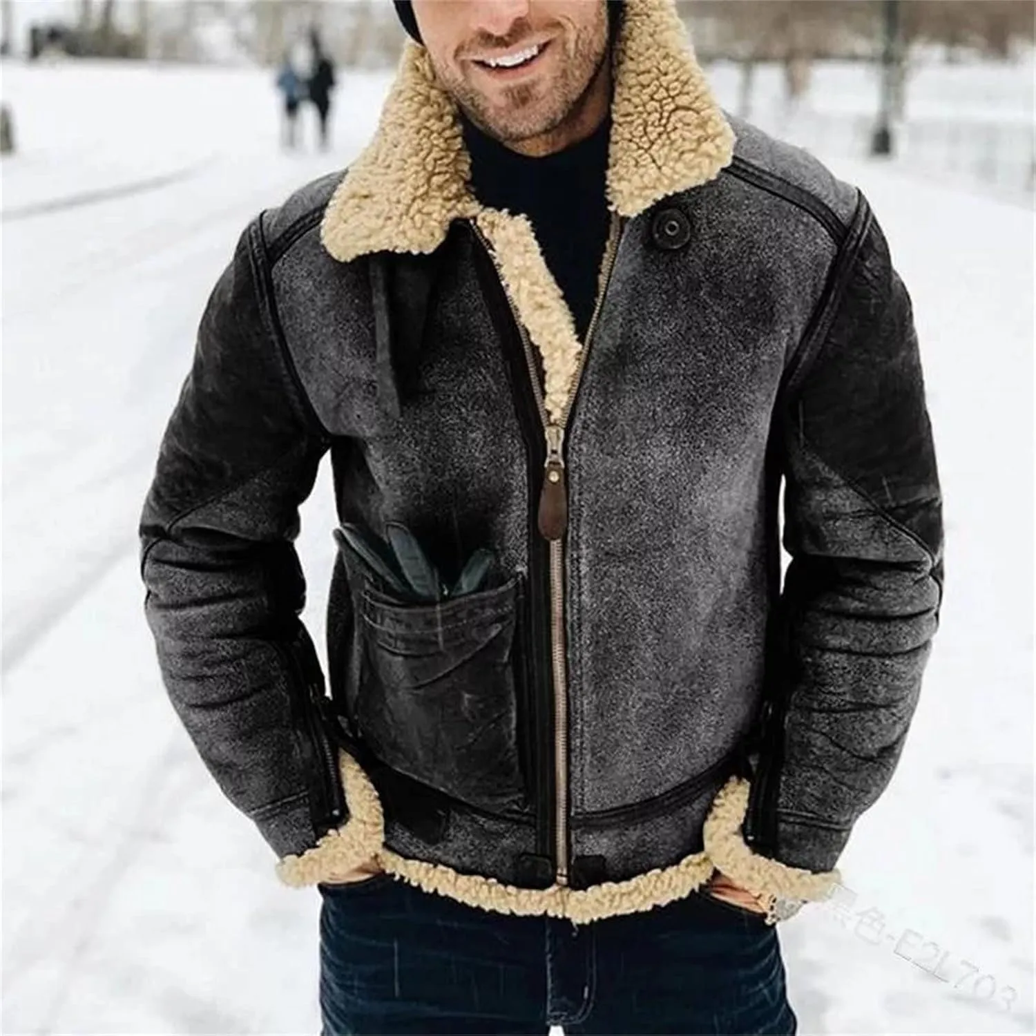 Maiyifu-GJ Men's Retro Sherpa Fleece Lined Jacket Faux Pu Leather Lapel Trucker Jacket Distressed Full-Zip Winter Warm Coat (Black,X-Large)