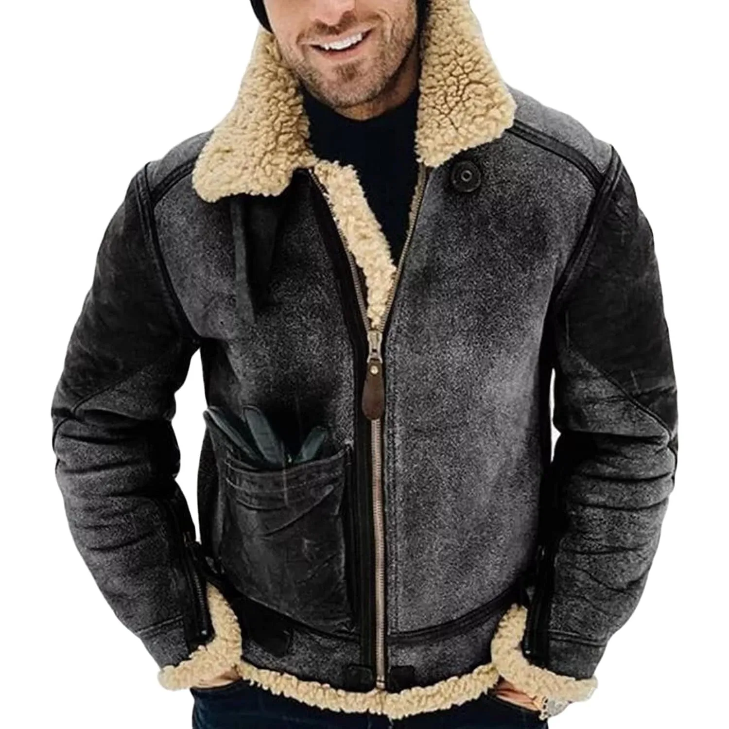 Maiyifu-GJ Men's Retro Sherpa Fleece Lined Jacket Faux Pu Leather Lapel Trucker Jacket Distressed Full-Zip Winter Warm Coat (Black,X-Large)