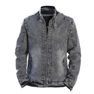 Maiyifu-GJ Men's Winter Stand Collar Distressed Jean Jacket Fleece Lined Denim Jacket Slim Fit Zipper Warm Moto Trucker Coat (BlackA3,XX-Large)