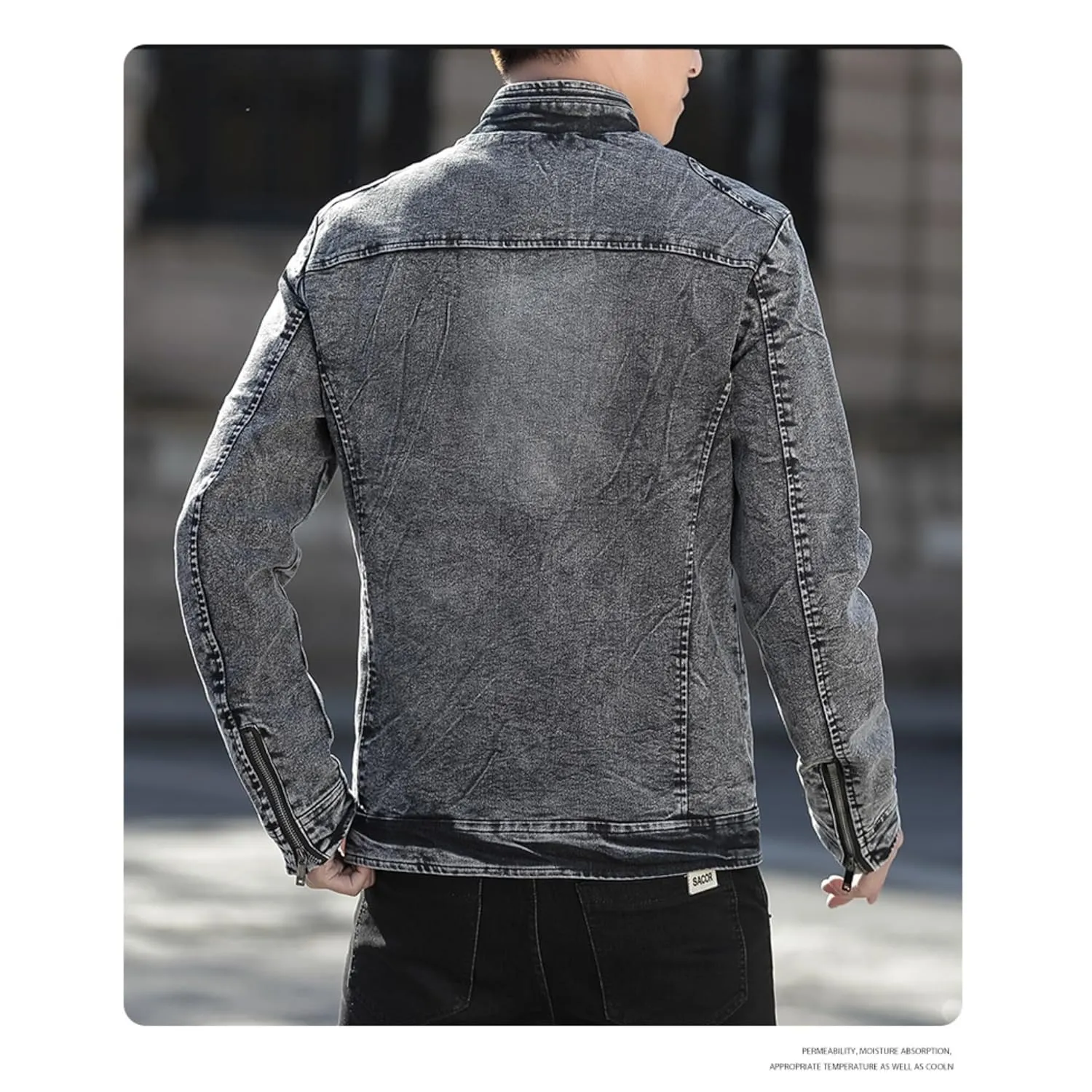 Maiyifu-GJ Men's Winter Stand Collar Distressed Jean Jacket Fleece Lined Denim Jacket Slim Fit Zipper Warm Moto Trucker Coat (BlackA3,XX-Large)