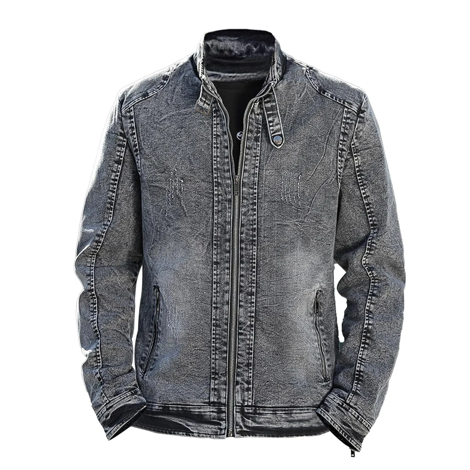 Maiyifu-GJ Men's Winter Stand Collar Distressed Jean Jacket Fleece Lined Denim Jacket Slim Fit Zipper Warm Moto Trucker Coat (BlackA3,XX-Large)