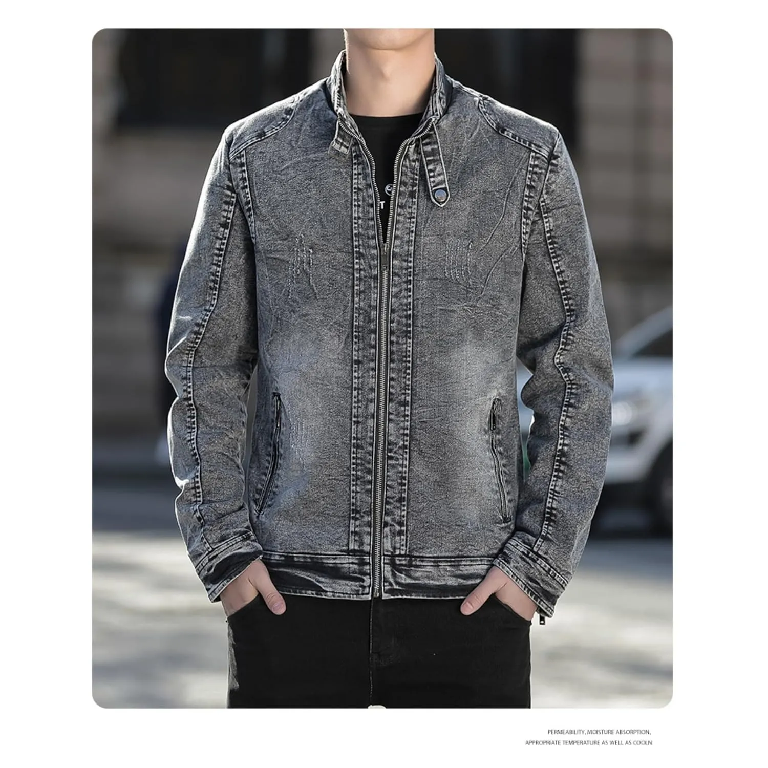 Maiyifu-GJ Men's Winter Stand Collar Distressed Jean Jacket Fleece Lined Denim Jacket Slim Fit Zipper Warm Moto Trucker Coat (BlackA3,XX-Large)