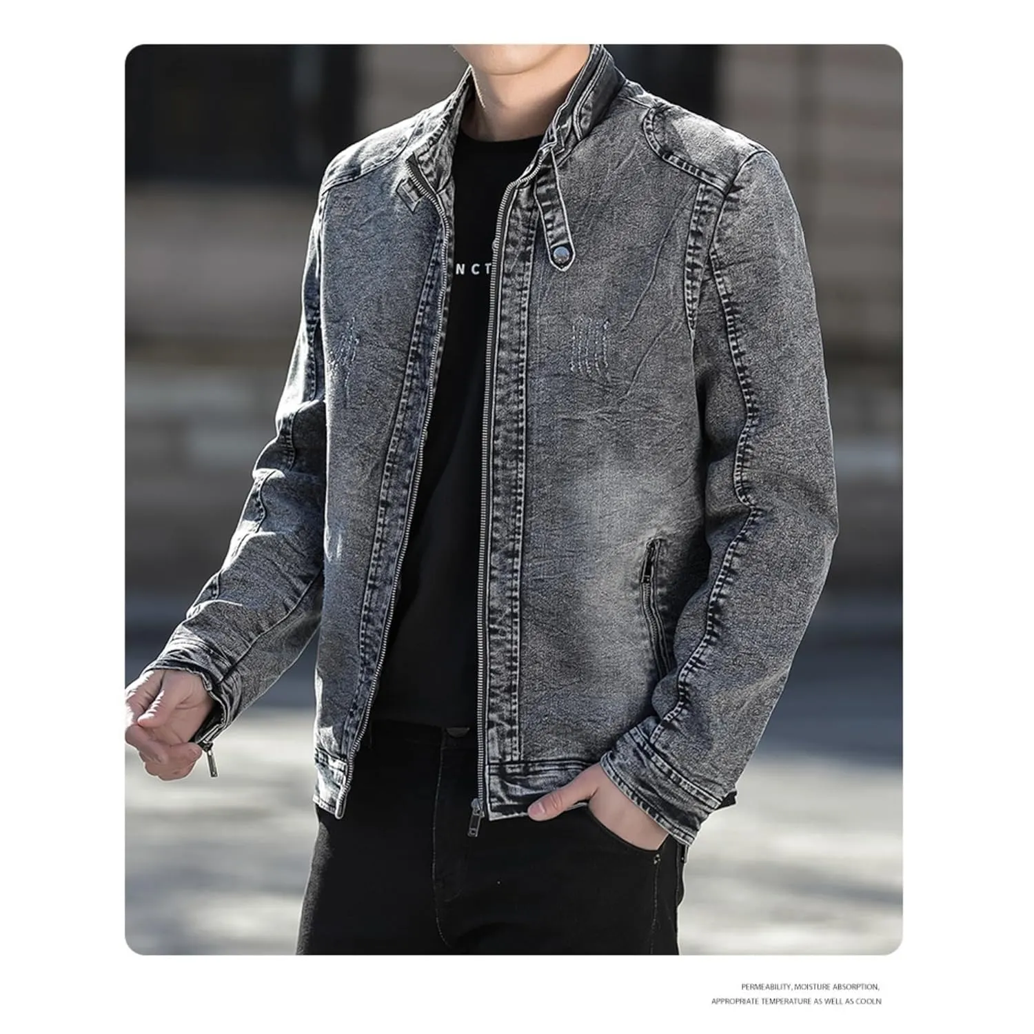 Maiyifu-GJ Men's Winter Stand Collar Distressed Jean Jacket Fleece Lined Denim Jacket Slim Fit Zipper Warm Moto Trucker Coat (BlackA3,XX-Large)