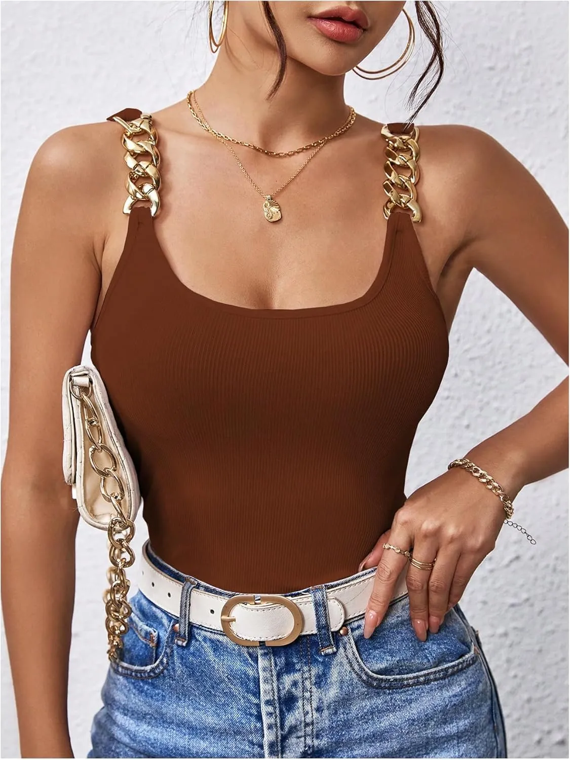 MakeMeChic Women's Casual Solid Spaghetti Strap Sleeveless Camisole Tops Ribbed Knit Tank Top