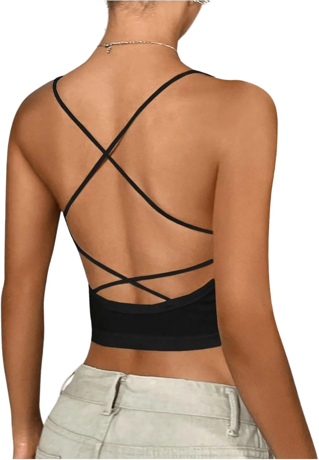 MakeMeChic Women's Criss Cross Backless Crop Tops Spaghetti Strap Cami Top Camisole Vest