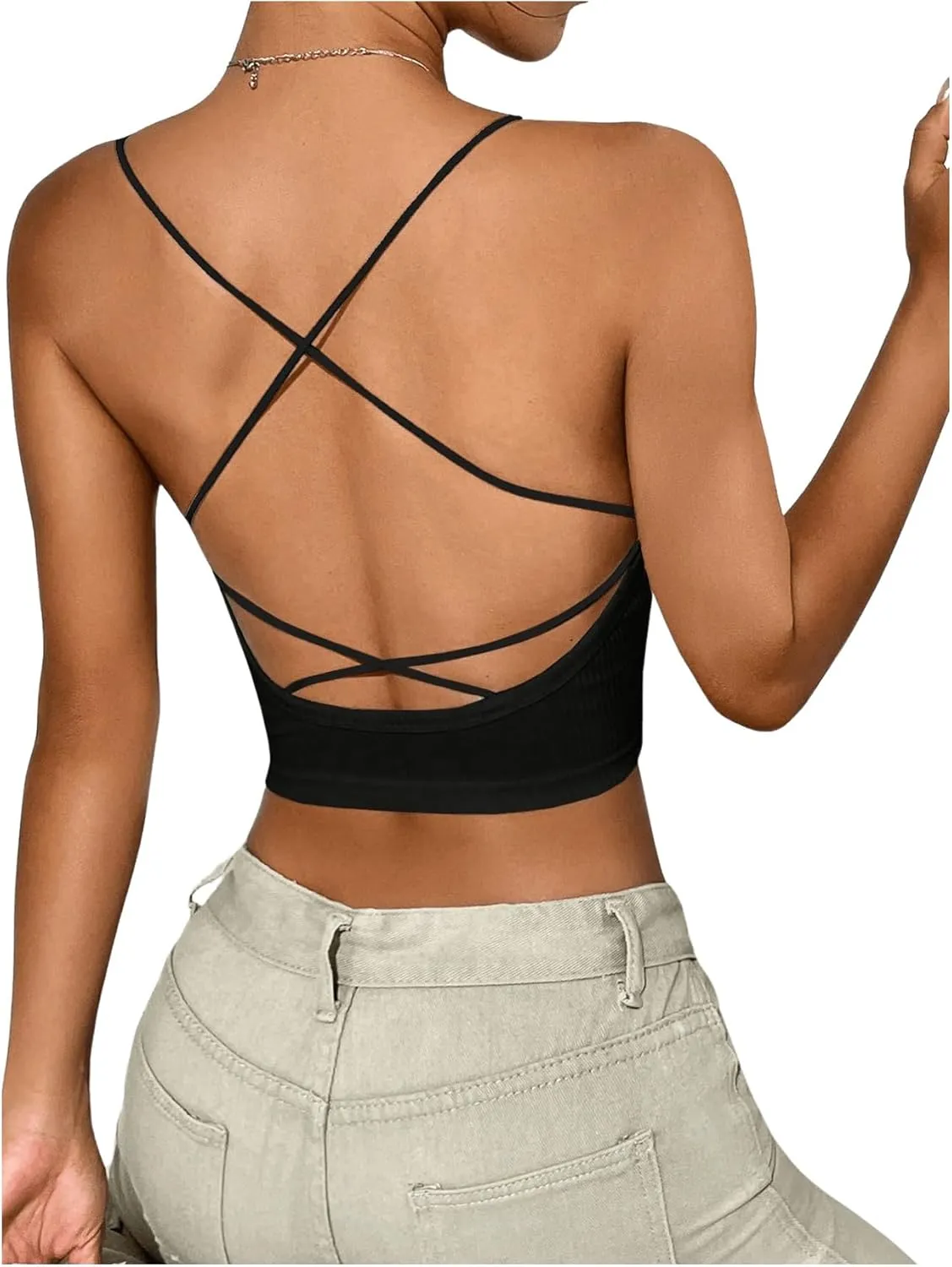 MakeMeChic Women's Criss Cross Backless Crop Tops Spaghetti Strap Cami Top Camisole Vest