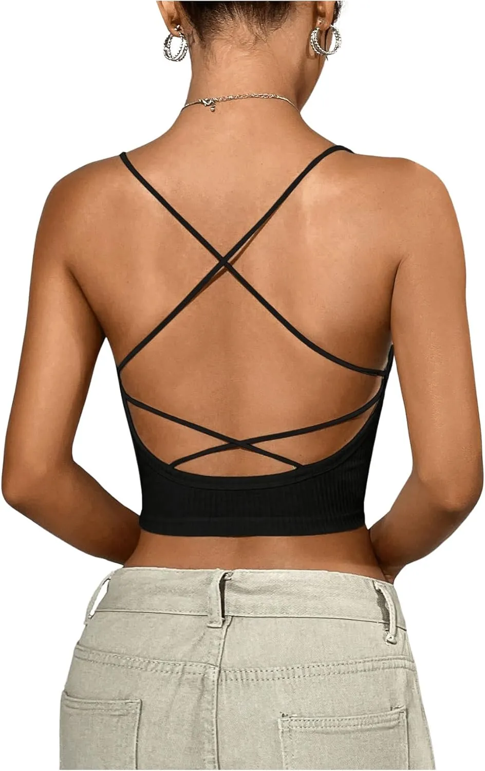 MakeMeChic Women's Criss Cross Backless Crop Tops Spaghetti Strap Cami Top Camisole Vest