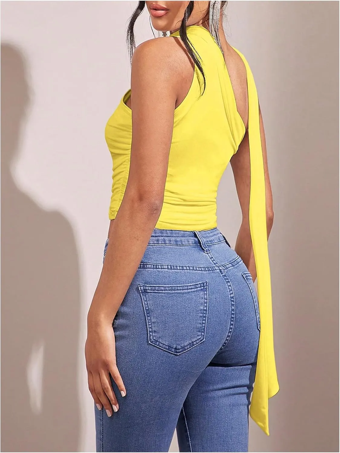 MakeMeChic Women's Ruched Asymmetrical Neck Sheer Mesh Sleeveless Crop Camisole Summer Shirt Tops