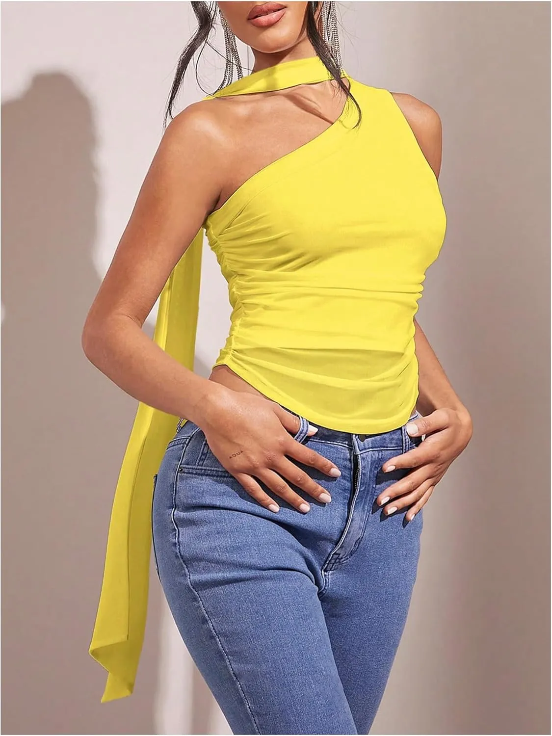 MakeMeChic Women's Ruched Asymmetrical Neck Sheer Mesh Sleeveless Crop Camisole Summer Shirt Tops