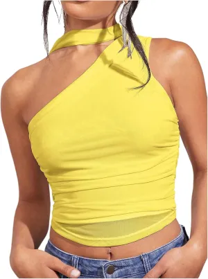 MakeMeChic Women's Ruched Asymmetrical Neck Sheer Mesh Sleeveless Crop Camisole Summer Shirt Tops