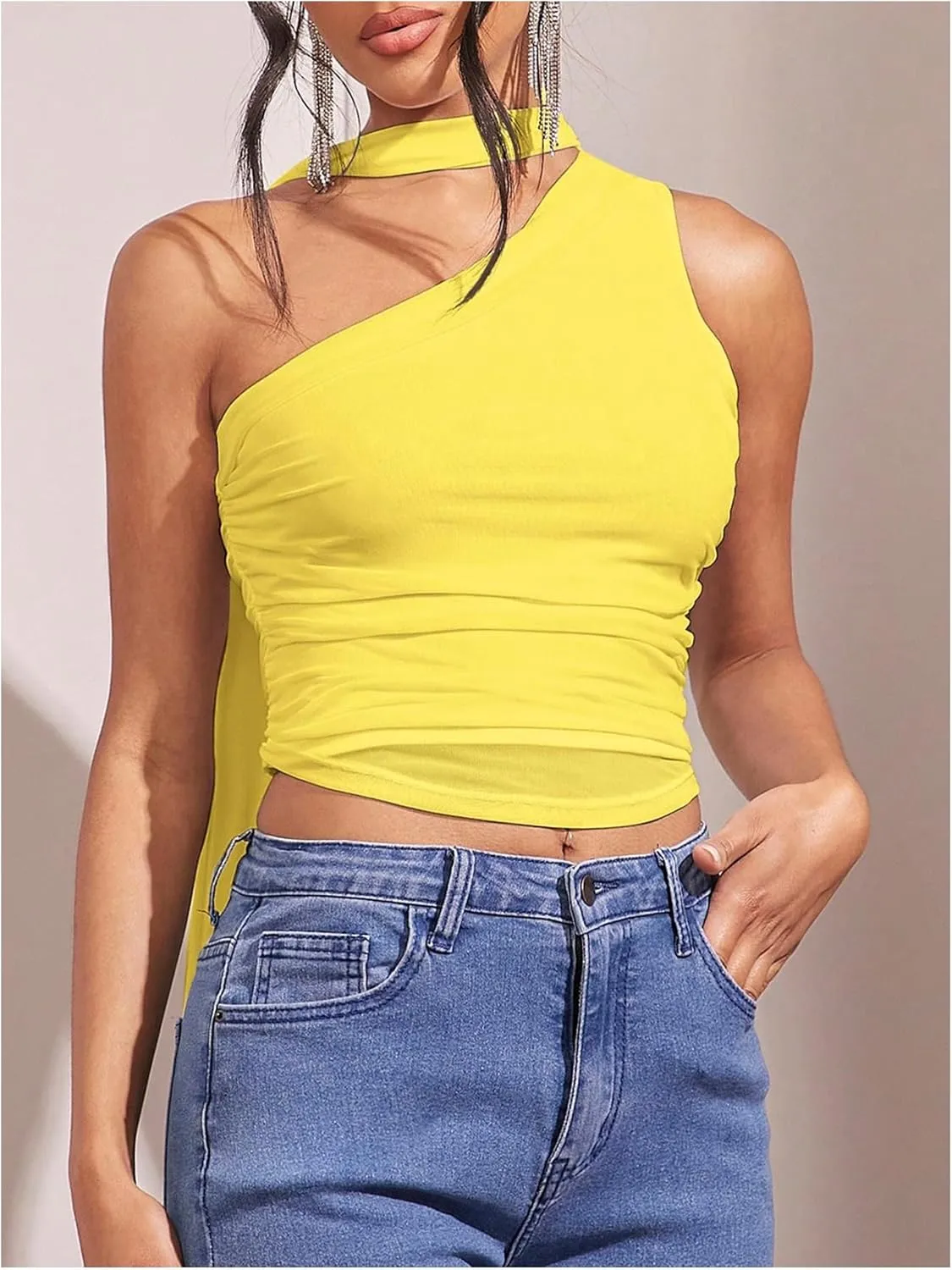 MakeMeChic Women's Ruched Asymmetrical Neck Sheer Mesh Sleeveless Crop Camisole Summer Shirt Tops