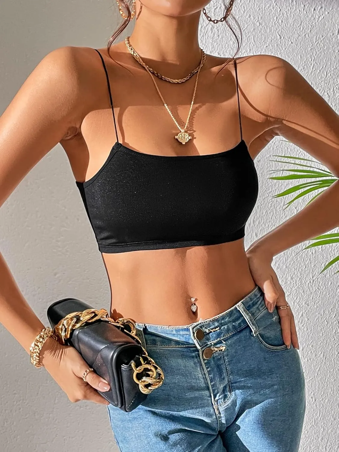 MakeMeChic Women's Spaghetti Strap Bralette Top Slim Fitted Sleeveless Camisole Y2k Crop Tops