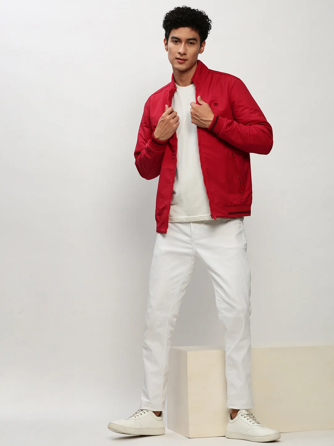 Men Red Mock Collar Bomber Jacket