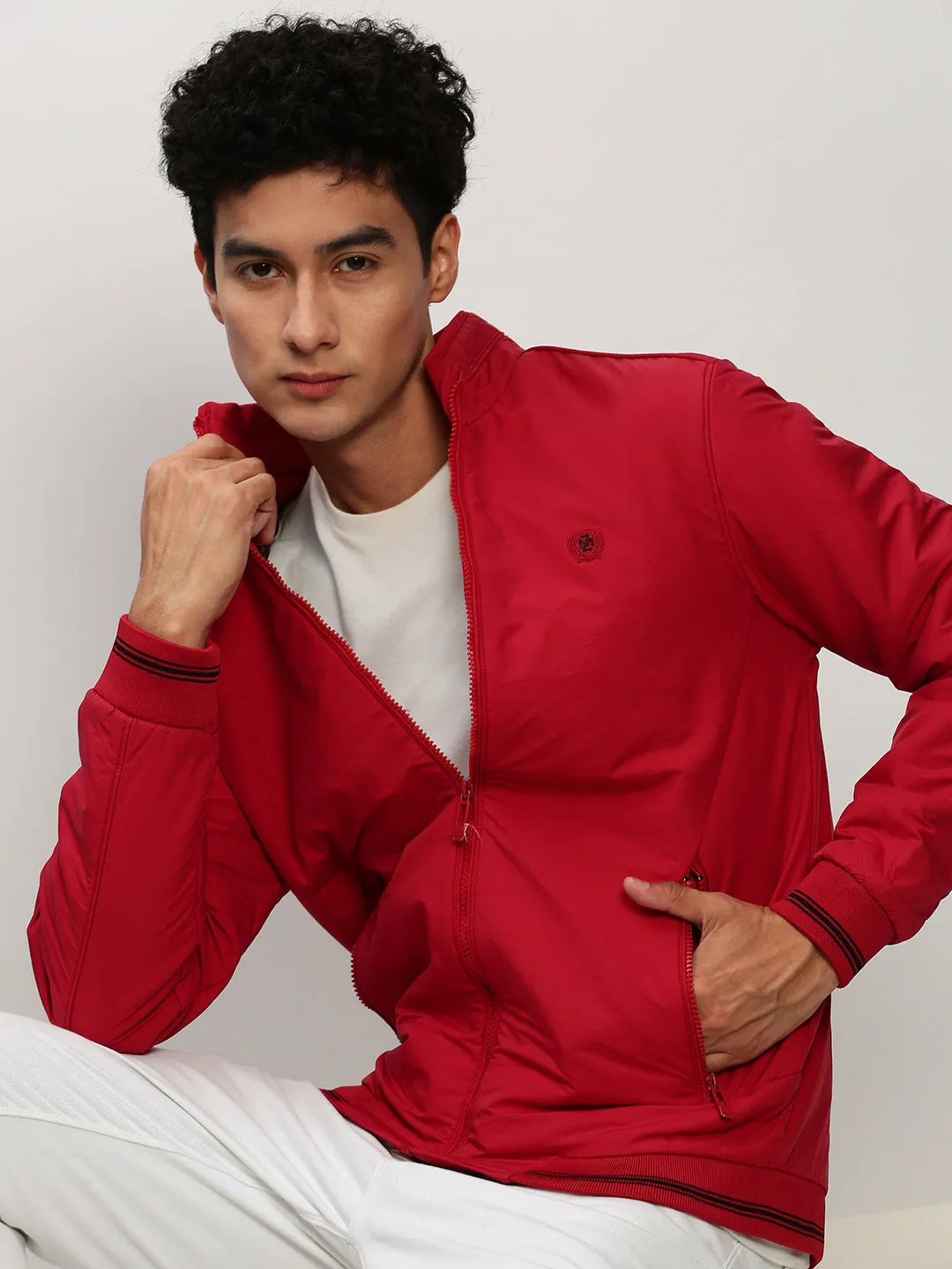 Men Red Mock Collar Bomber Jacket