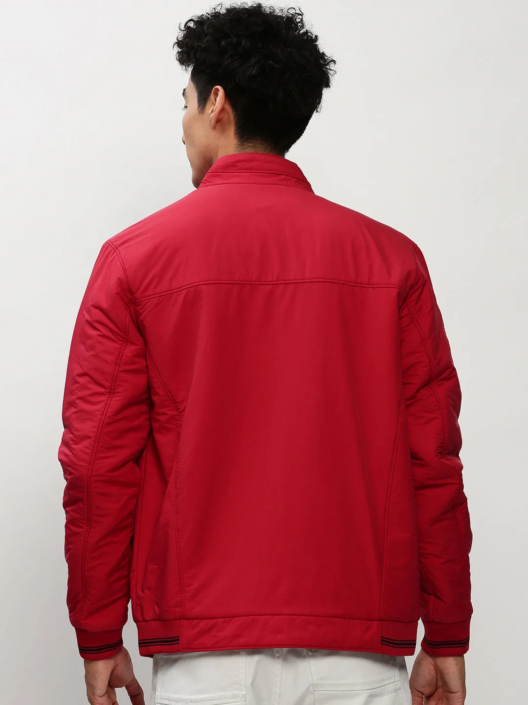 Men Red Mock Collar Bomber Jacket