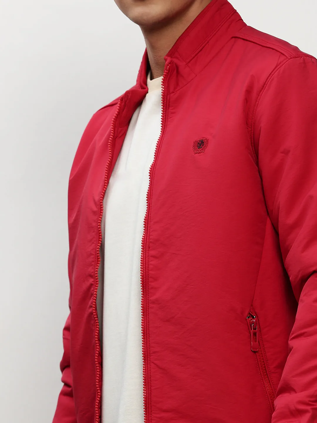 Men Red Mock Collar Bomber Jacket