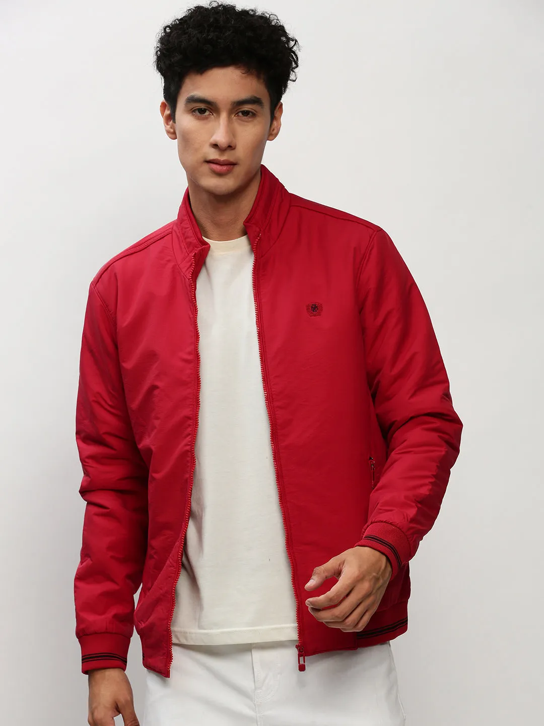 Men Red Mock Collar Bomber Jacket