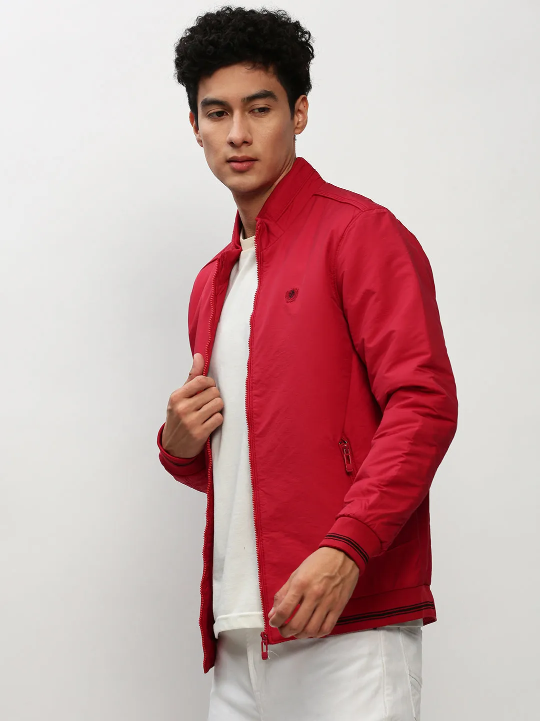 Men Red Mock Collar Bomber Jacket