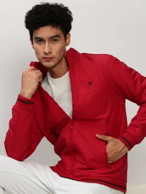 Men Red Mock Collar Bomber Jacket