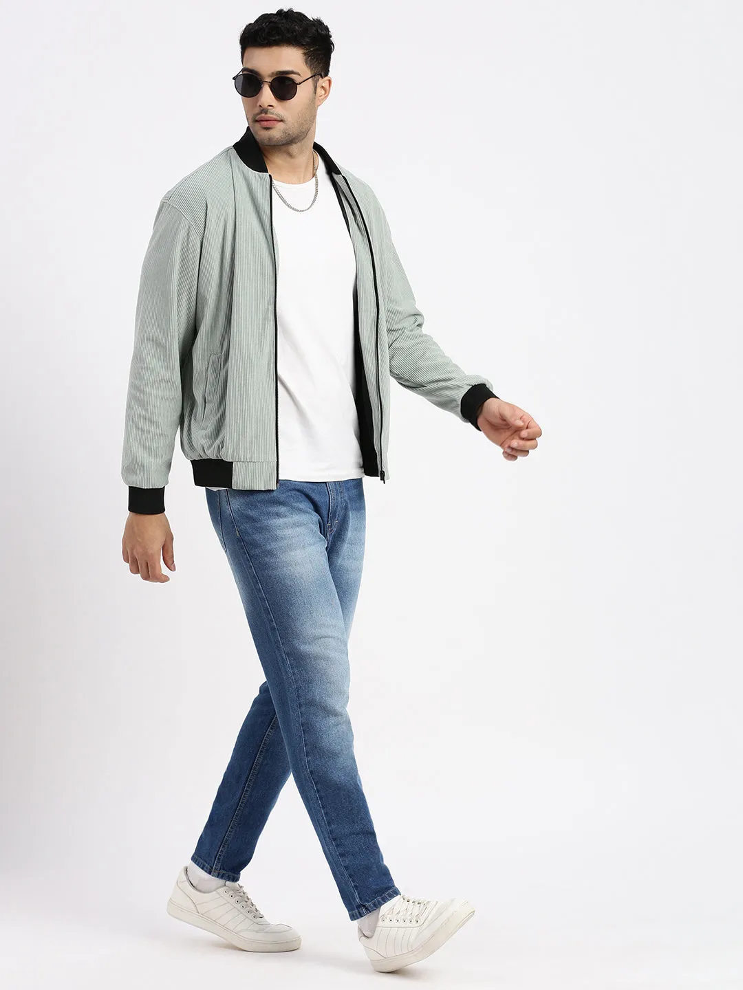 Men Sea Green Mandarin Collar Bomber Jacket