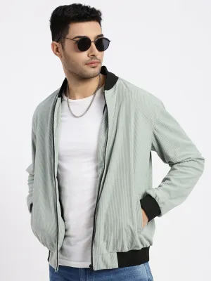 Men Sea Green Mandarin Collar Bomber Jacket
