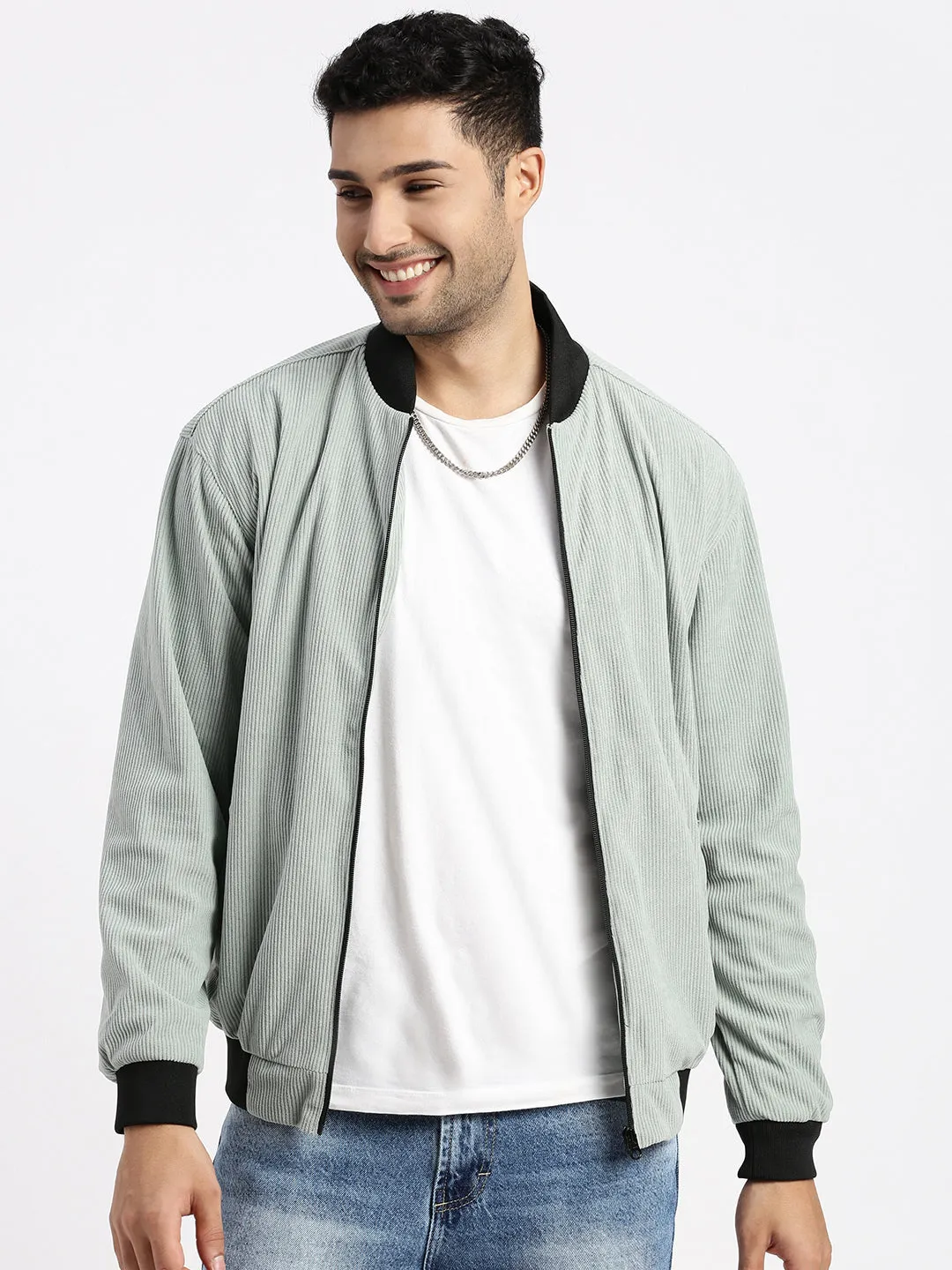Men Sea Green Mandarin Collar Bomber Jacket
