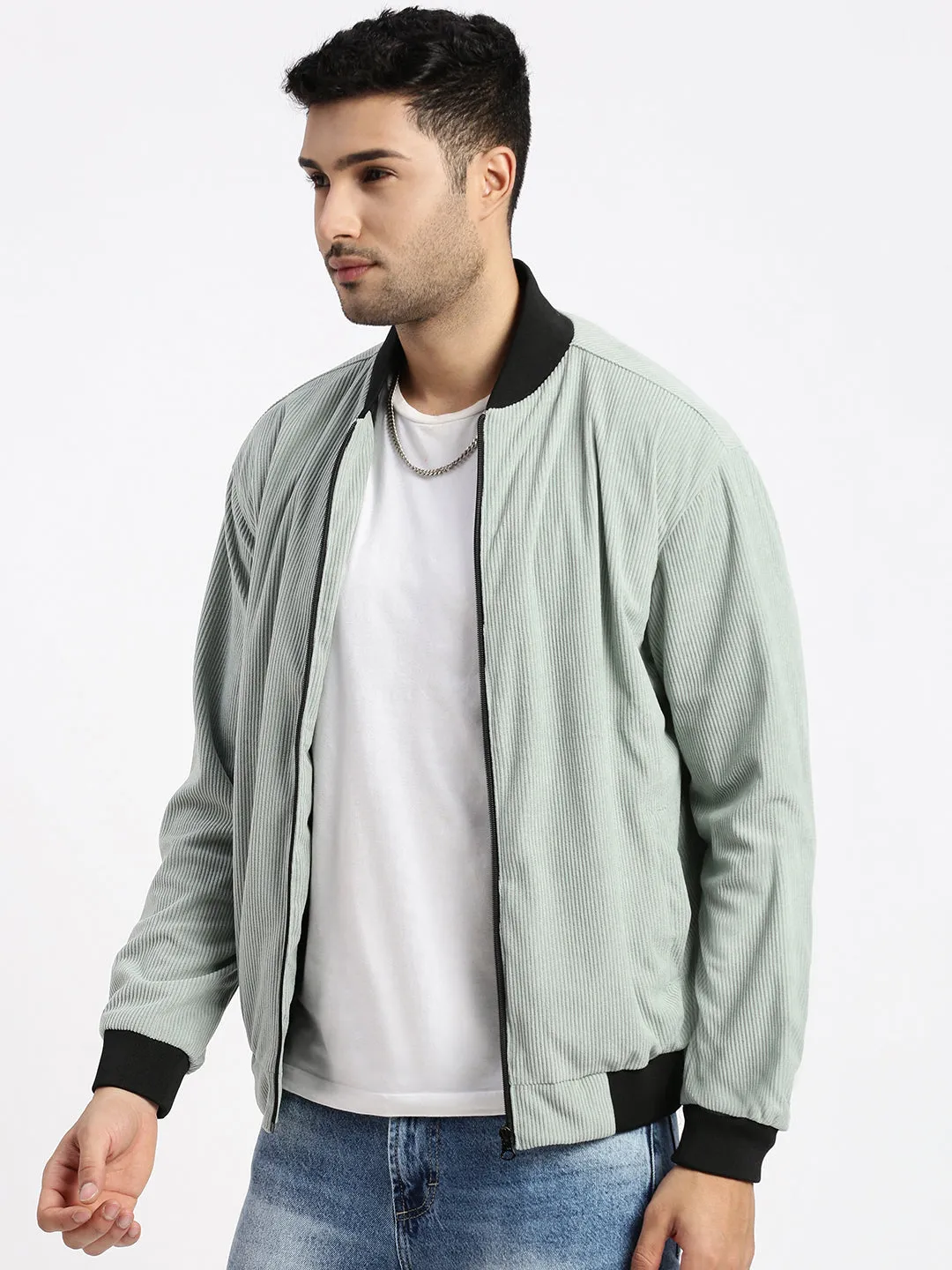 Men Sea Green Mandarin Collar Bomber Jacket