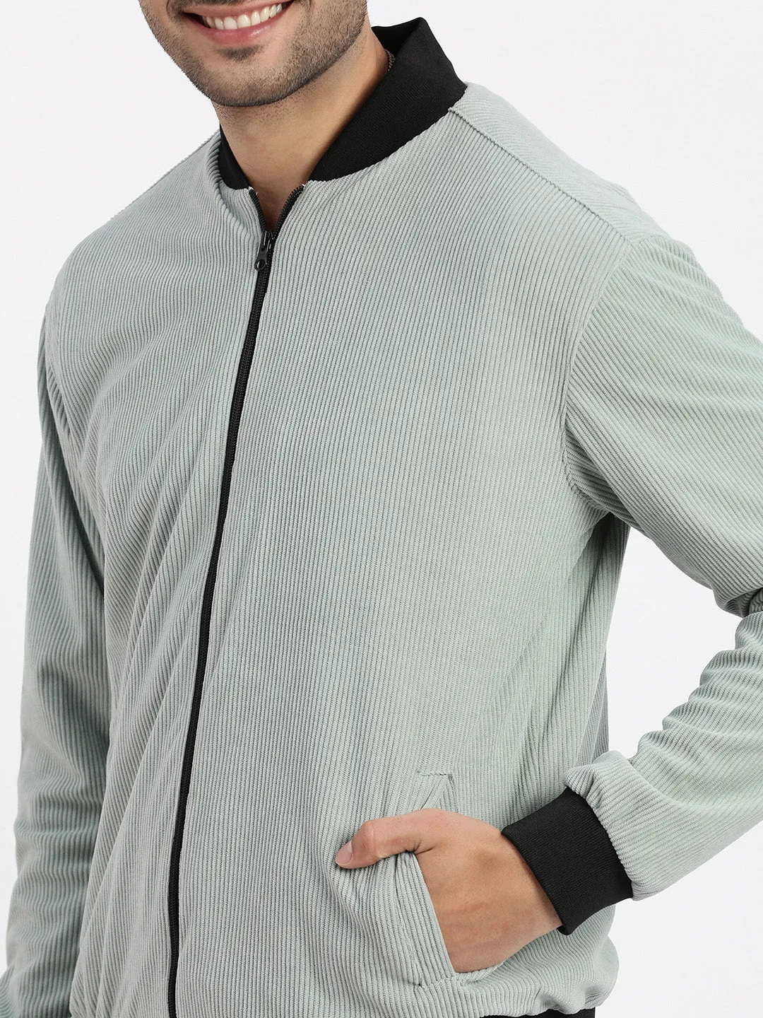 Men Sea Green Mandarin Collar Bomber Jacket