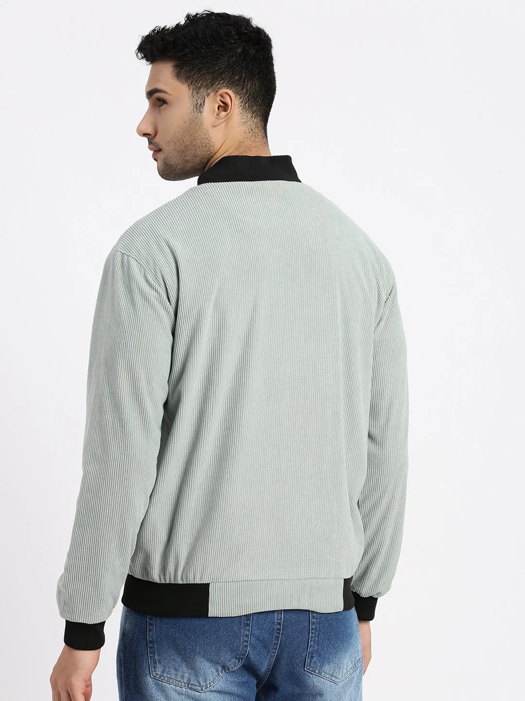 Men Sea Green Mandarin Collar Bomber Jacket