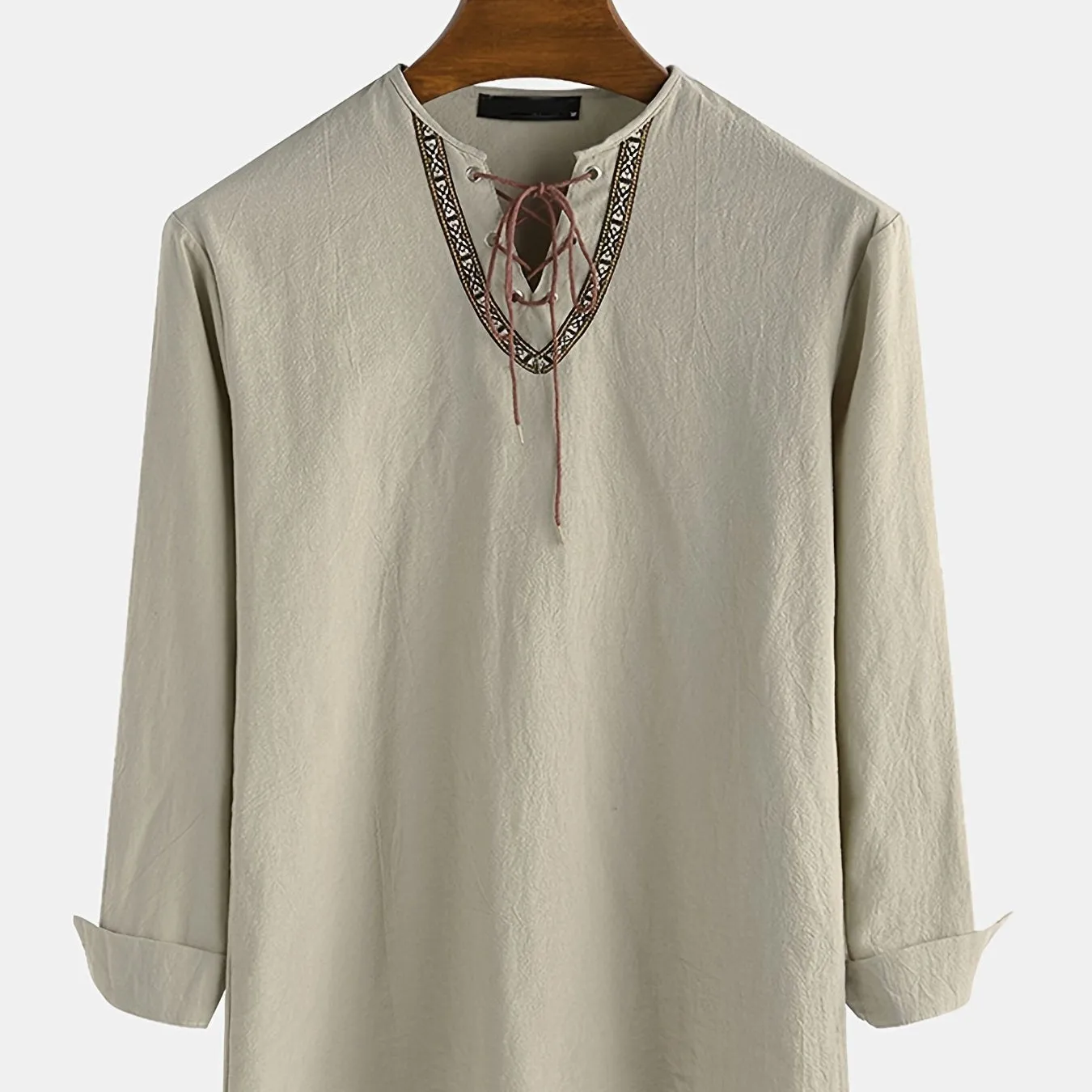 Men's Casual Loose Drawstring V Neck Long Sleeve Shirt